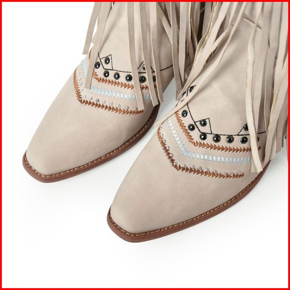 Western Cowgirl Boots Fringed Tassel Embroidered Block Heel Mid Calf - Picture 3 of 7